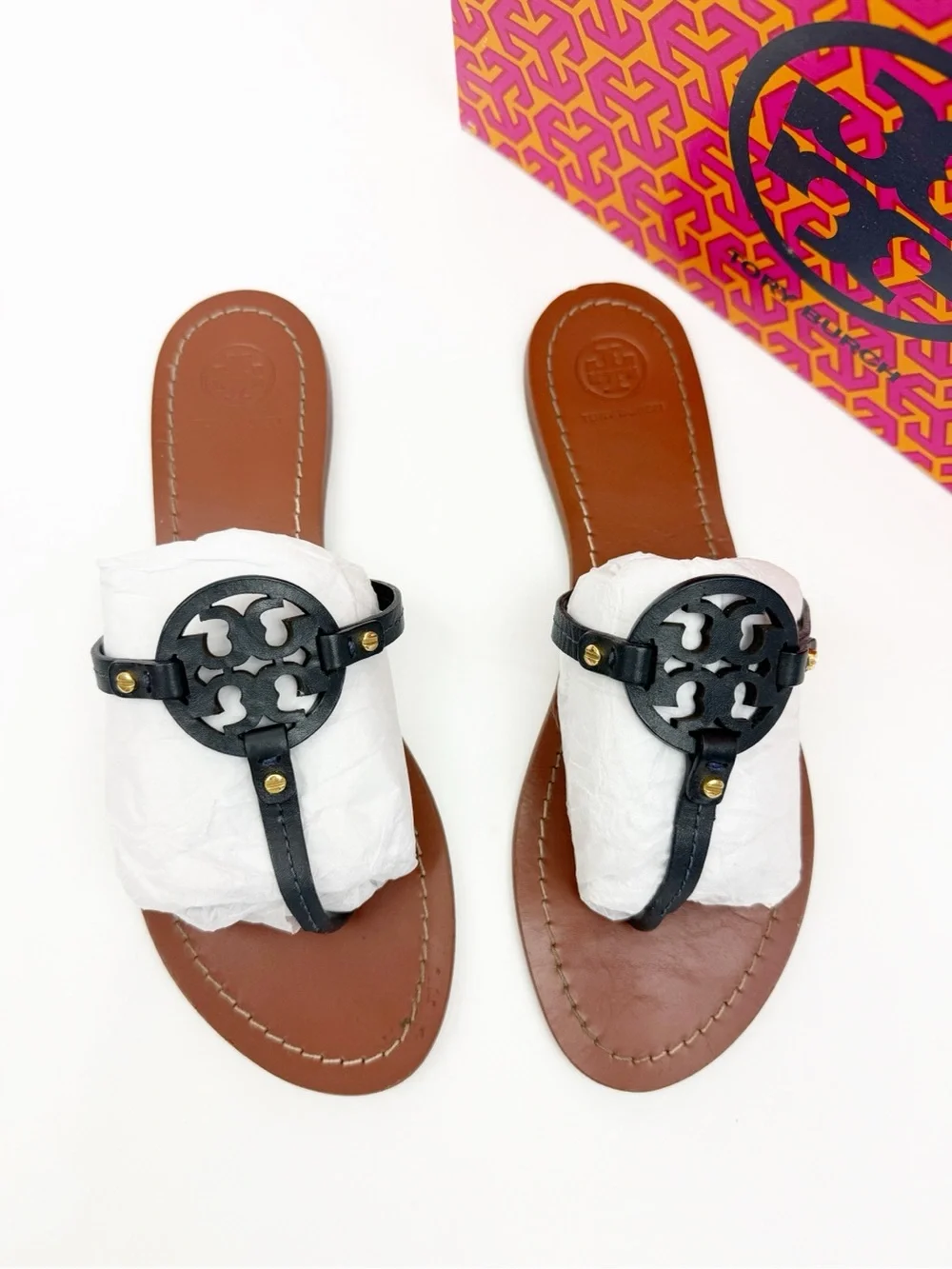 Tory Burch Gabriel Flat Tong Sandals Bright Navy Blue Veg Leather